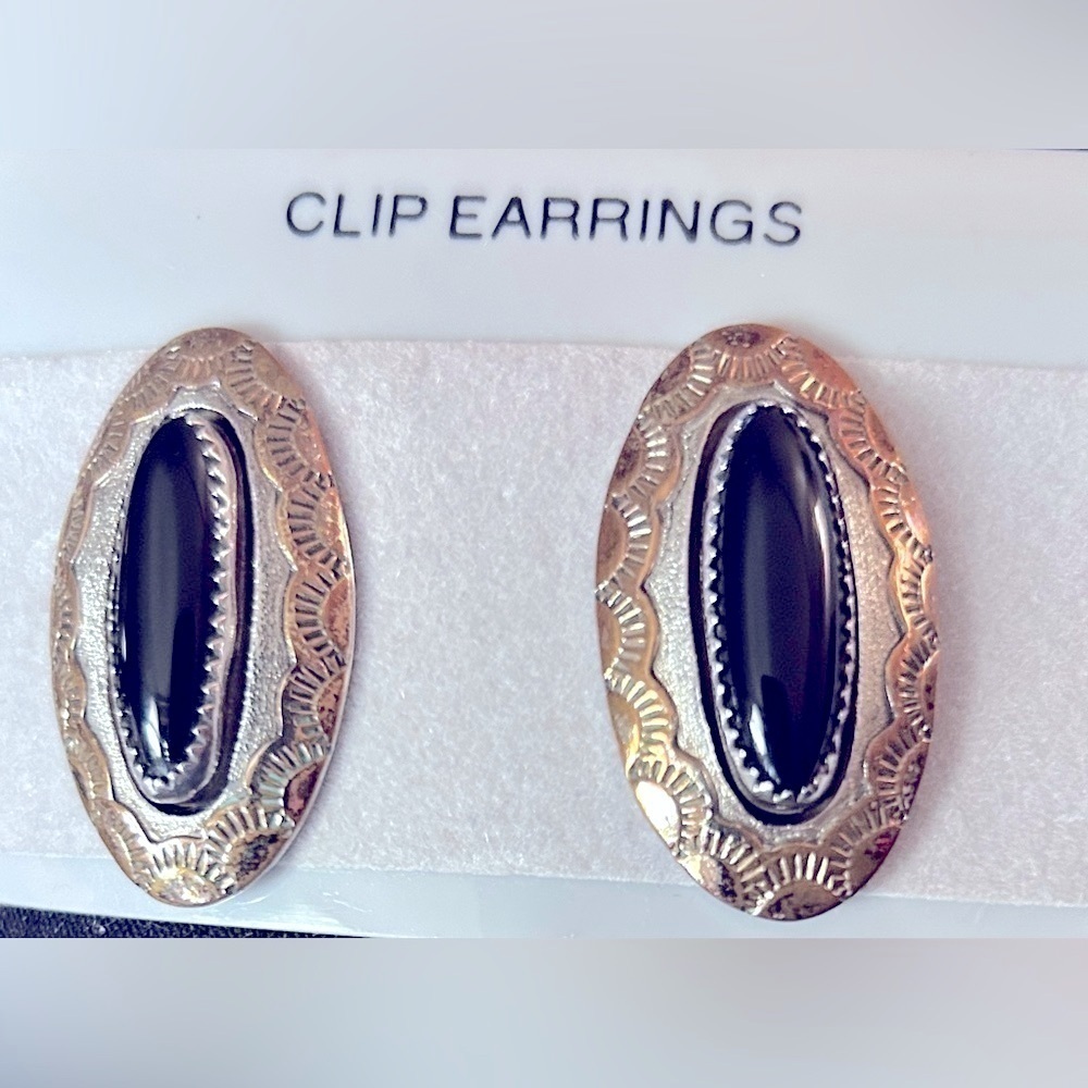 Vintage Sterling Silver Navajo Concho S Dickens Black Onyx Earrings Rare…​​​​​​